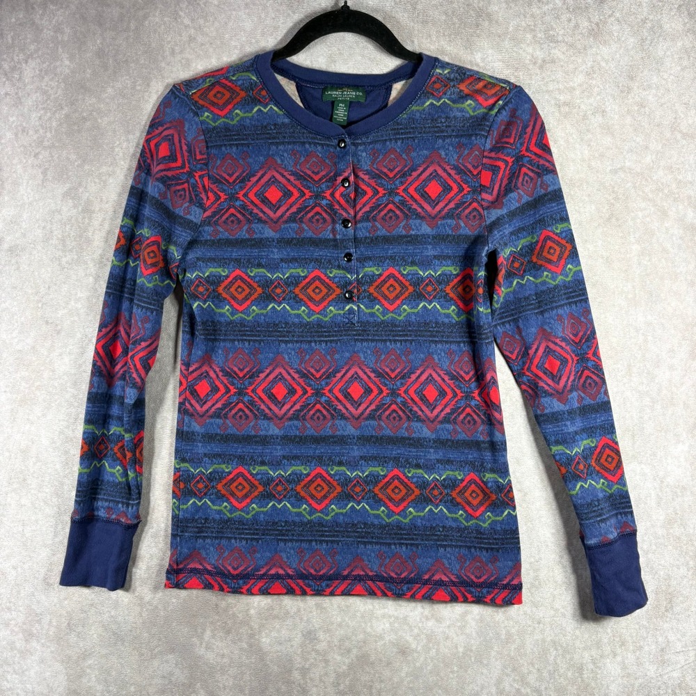Lauren Jeans Co‎ Ralph Lauren Henley Women PM Blue Aztec Southwestern Cotton Top